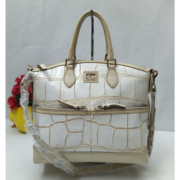 Dooney & Bourke Off White Leather Crocodile Embossed Top Handle Satchel Bag - Picture 1 of 16